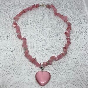 VINTAGE artisan style pink glass and cat eye heart pendant romantic girly.